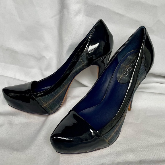 Aldo Platform Patent Leather Navy Plaid Heels BNWB SZ 8.5 (39) - Picture 6 of 12